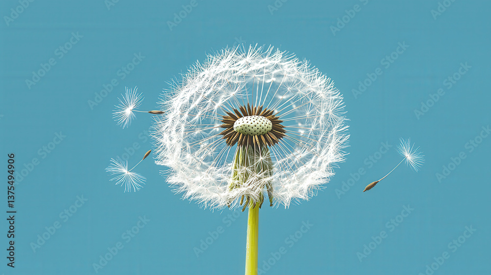 Fototapeta premium dandelion flower with fluffy white seeds is beautifully captured against blue background, showcasing delicate nature of its seeds as they disperse into wind