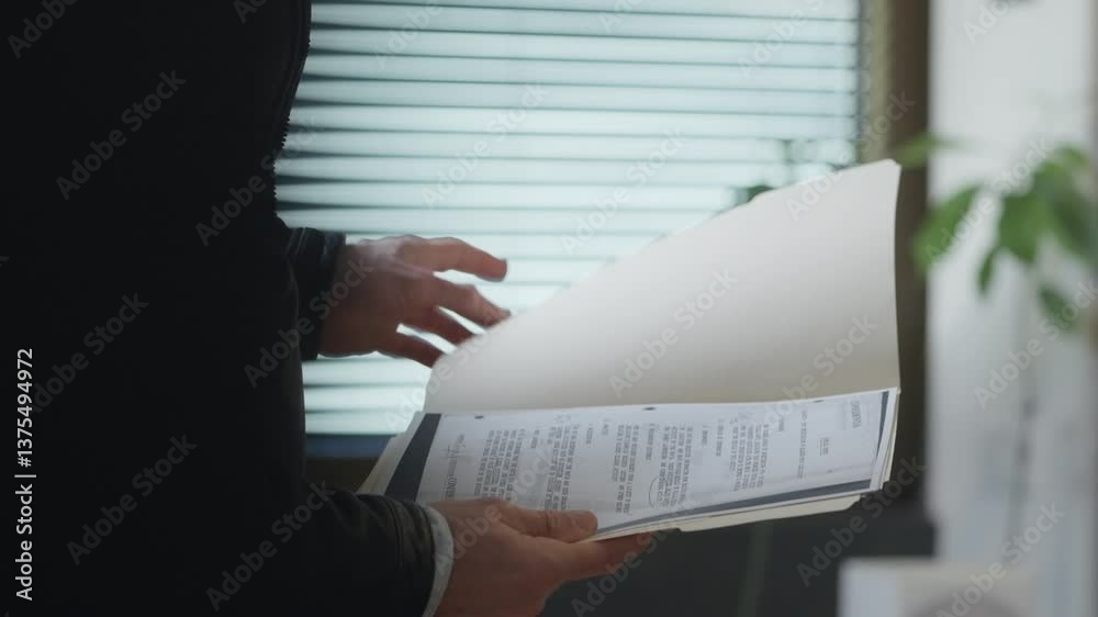 Suited man quietly reviews documents inside a secret folder. The scene suggests discretion, classified information, or covert activity— Espionage, corporate intrigue, or internal investigations. spy