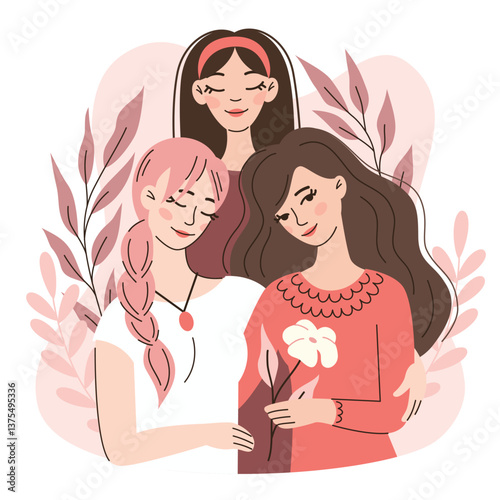 Female friendship and support, love.Different women, sisters, hugs.Flat vector illustration