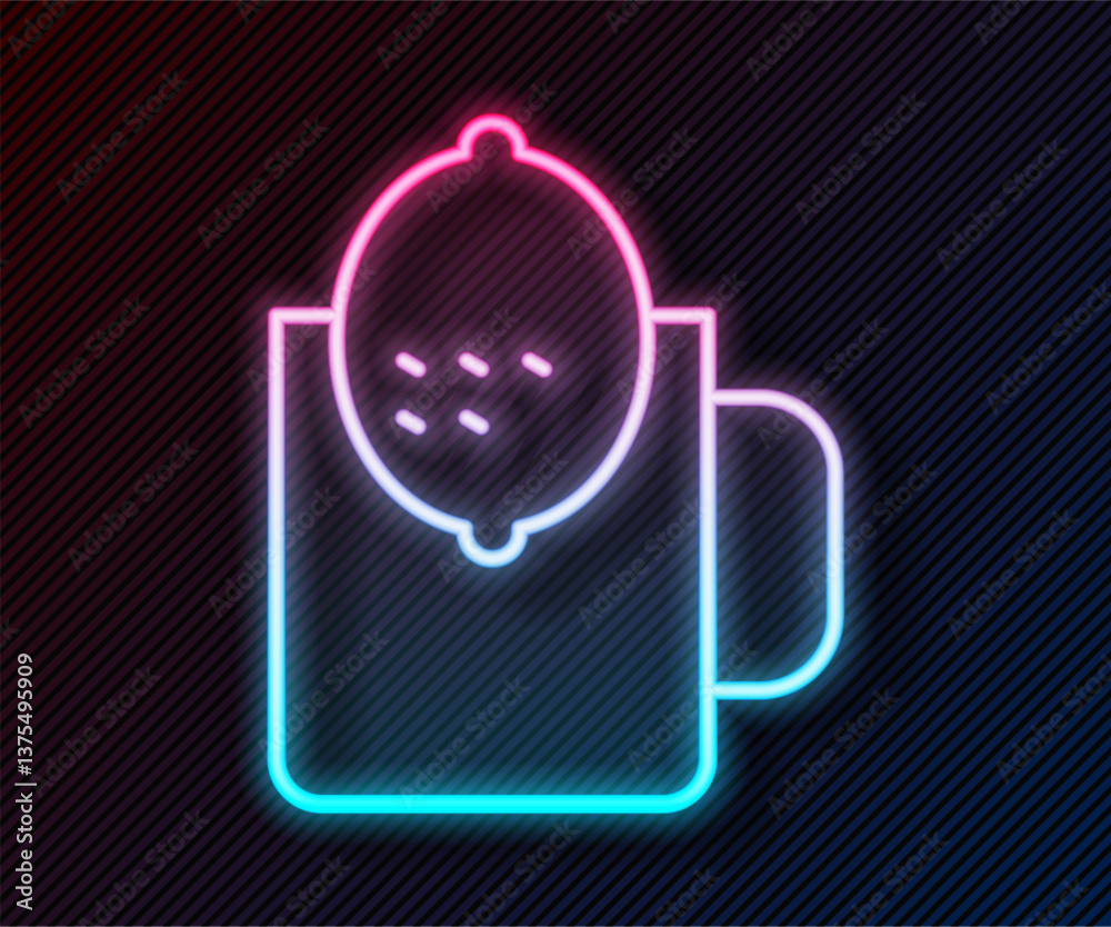 Glowing neon line Cup of tea with lemon icon isolated on black background. Vector Glowing neon line Cup of tea with lemon icon isolated on black background. Vector