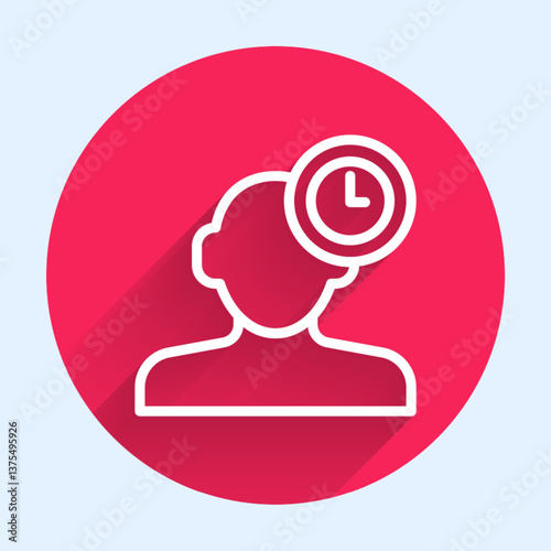 White line Insomnia icon isolated with long shadow background. Sleep disorder with capillaries and pupils. Fatigue and stress. Red circle button. Vector