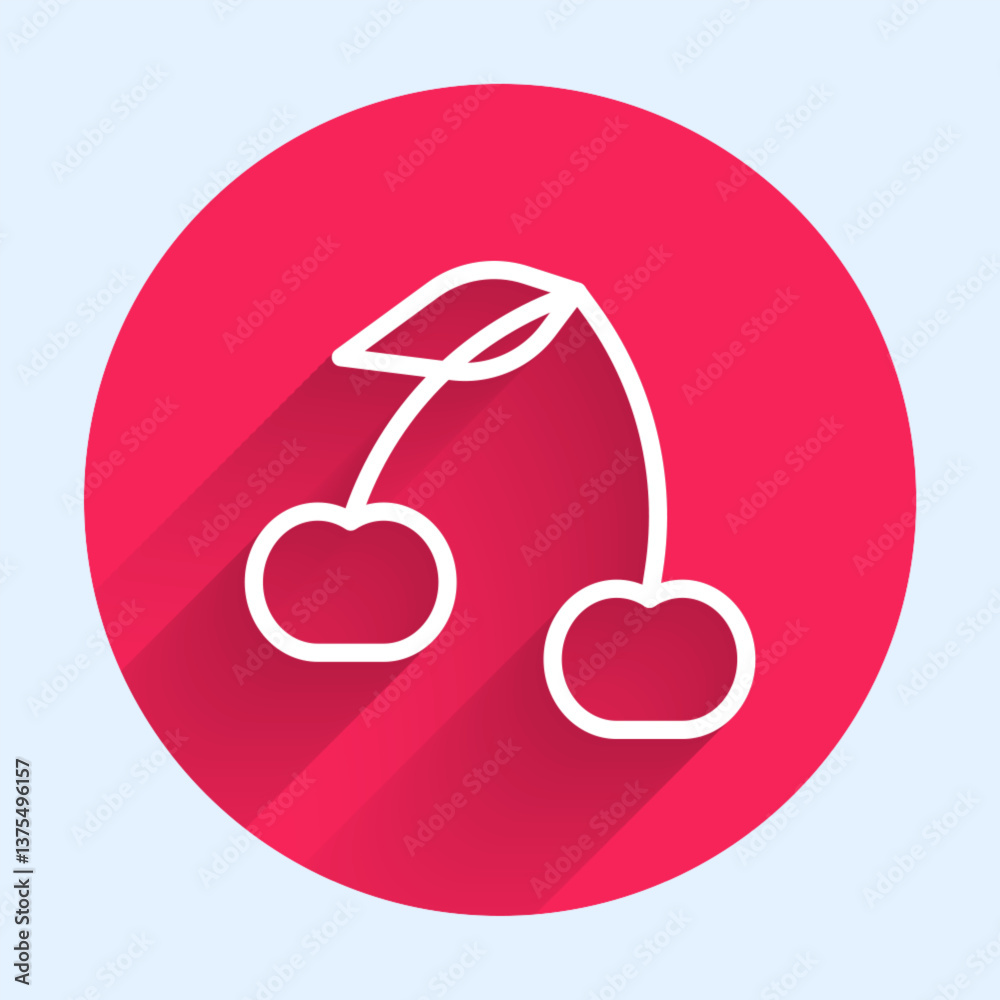 White line Cherry icon isolated with long shadow background. Fruit with leaf symbol. Red circle button. Vector White line Cherry icon isolated with long shadow background. Fruit with leaf symbol. Red circle button. Vector