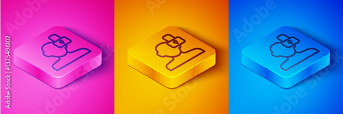 Isometric line Closed personality icon isolated on pink and orange, blue background. Introvert psychology. Square button. Vector