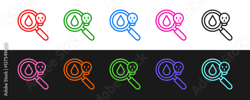 Set line Poisonous research magnifying glass icon isolated on black and white background. Vector