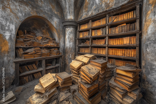 Centuries-old bookstore with weathered books and historical charm in a forgotten space