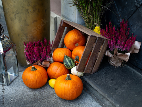 Pumpkins spilling out of a wooden crate on a doorstep with assorted plants and ornaments for Halloween