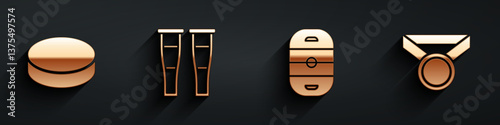 Set Hockey puck, Crutch or crutches, Ice hockey rink and Medal icon with long shadow. Vector