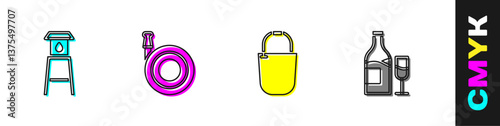Set Water tower, Garden hose, Bucket and Wine bottle with glass icon. Vector
