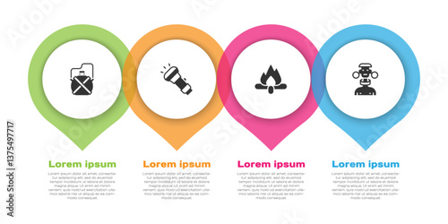 Set Canteen water bottle, Flashlight, Campfire and African tribe male. Business infographic template. Vector