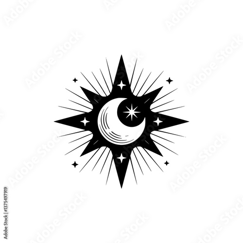 Celestial Symbol: Moon, Starburst, and Stars on White