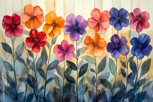 Vibrant watercolor painting of colorful flowers with delicate leaves on a soft background

