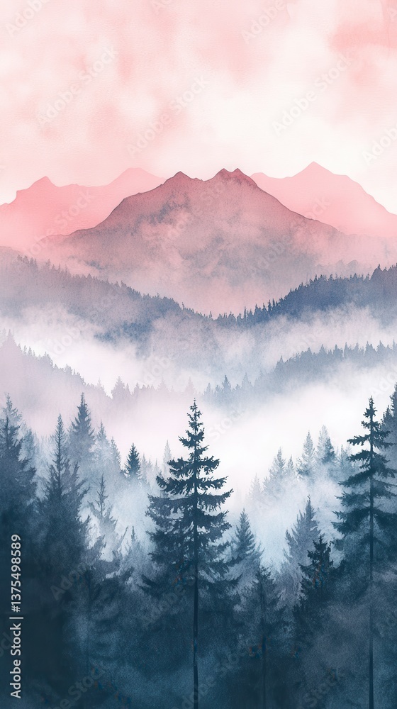 Obraz premium Watercolor of landscape forest misty mountains horizon and fog and hills,pine tree fir tree,Autumn forest background,drawn by hand,Autumn illustration design elements for landscape,wallpaper.