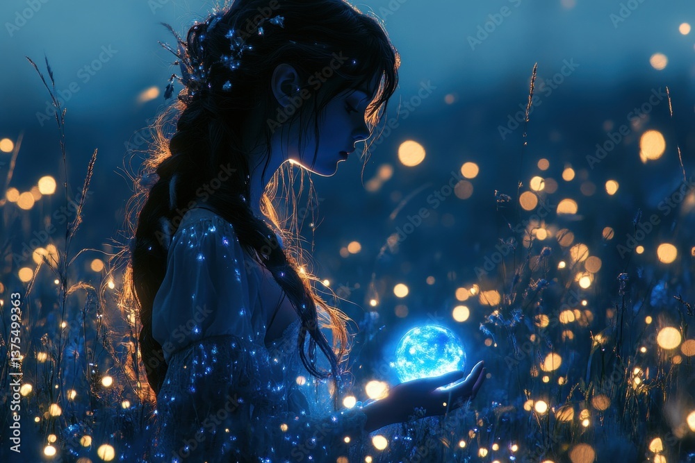 Fairy in Glowing Enchanted Meadow at Night Holding Luminous Orb in Blue Dress with Transparent Wings and Long Red Hair Fairy in Glowing Enchanted Meadow at Night Holding Luminous Orb in Blue Dress with Transparent Wings and Long Red Hair