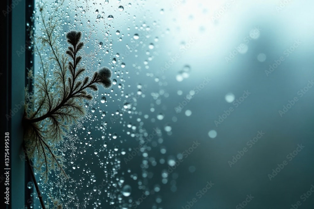 Obraz premium A delicate sprig pressed against a rain-streaked pane, a poignant study in contrast and texture, evoking a sense of quiet contemplation and the ephemeral beauty of nature's resilience
