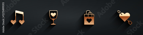 Set Music note, tone with hearts, Glass of champagne, Shopping bag and Amour and arrow icon with long shadow. Vector