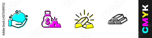 Set Gold nugget, Bag of gold bars, and icon. Vector