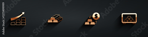 Set Growth arrow with gold bars, Gold, exchange money and Safe icon with long shadow. Vector