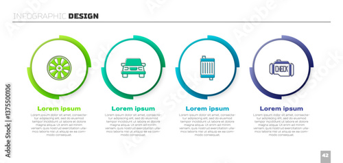 Set Alloy wheel for car, Car, radiator cooling system and Check engine. Business infographic template. Vector