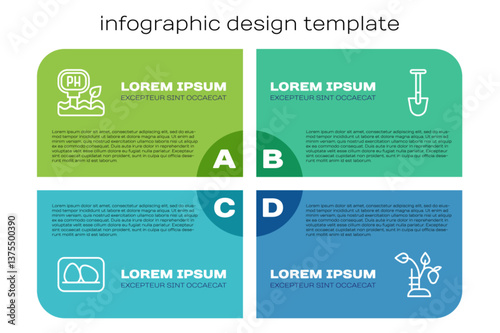 Set line Chicken egg, Soil ph testing, Strawberry bush and Shovel. Business infographic template. Vector