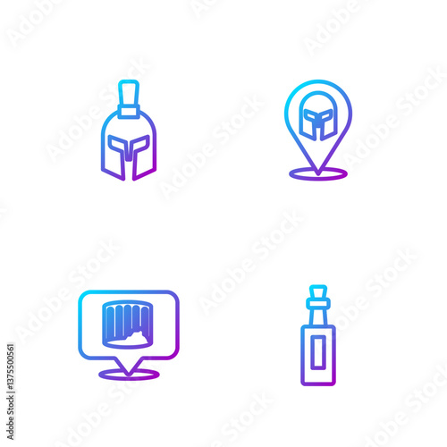 Set line Bottle of olive oil, Ancient column, Greek helmet and . Gradient color icons. Vector