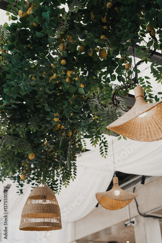 restaurant decor with beautiful chandeliers and lemons