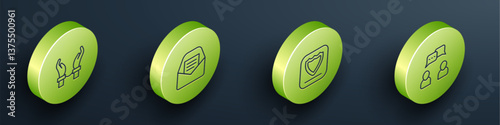 Set Isometric line Handcuffs on hands of criminal, Mail e-mail, Shield and Speech bubble chat icon. Vector
