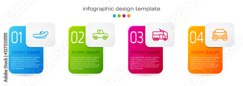 Set line Rafting boat, Pickup truck, Trolleybus and Car. Business infographic template. Vector