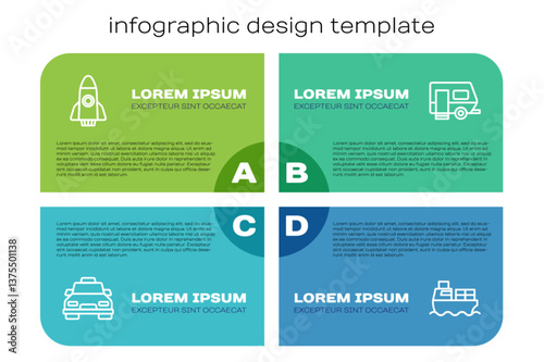 Set line Taxi car, Rocket ship, Cargo with boxes delivery and Rv Camping trailer. Business infographic template. Vector