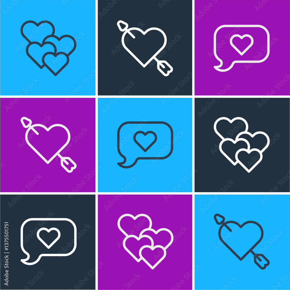Set line Heart, in speech bubble and Amour with heart and arrow icon. Vector Set line Heart, in speech bubble and Amour with heart and arrow icon. Vector