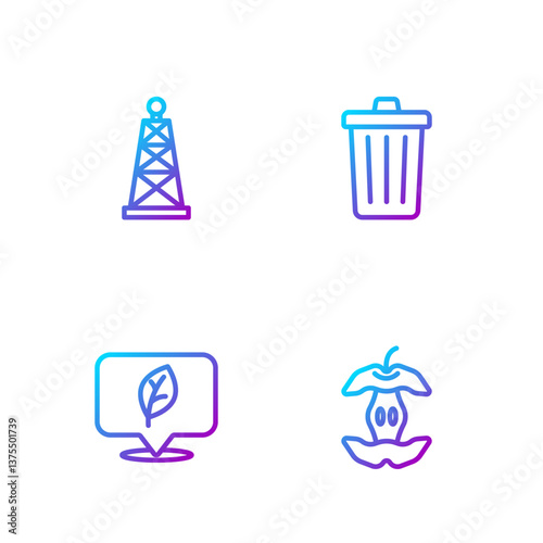 Set line Apple core, Location with leaf, Oil rig and Trash can. Gradient color icons. Vector