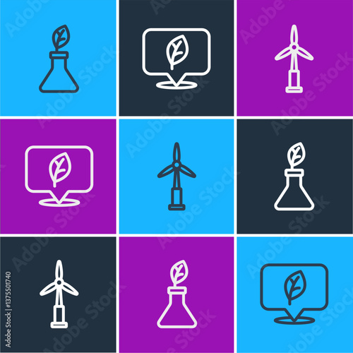 Set line Plant breeding, Wind turbine and Location with leaf icon. Vector