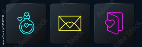 Set line Bottle with love potion, Valentines day flyer and Envelope heart. Black square button. Vector