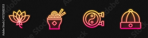 Set line Yin Yang symbol, Lotus flower, Asian noodles bowl and Chinese hat. Glowing neon icon. Vector