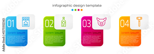 Set line Matchbox and matches, Tabasco sauce, Pig and Kitchen hammer. Business infographic template. Vector
