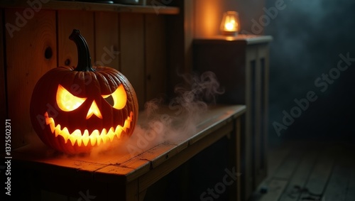 Halloween pumpkin glowing menacingly on wooden bench in dark room