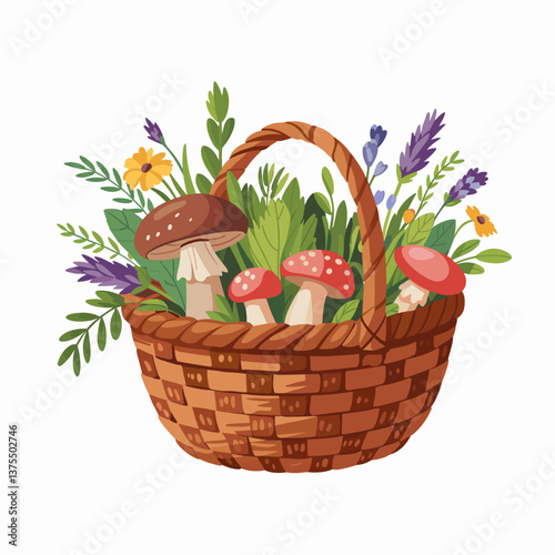 Foraging Basket with Wild Herbs and Mushrooms Print