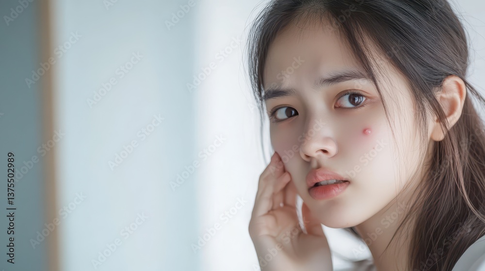 Young Woman Concerned About Facial Blemish, Skin Care Young Woman Concerned About Facial Blemish, Skin Care