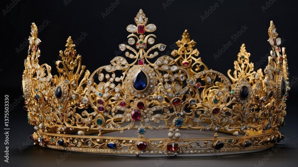 Obraz premium A luxurious golden crown adorned with red velvet and embellished with pearls and red gemstones.