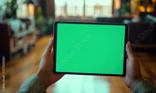 Mockup image of man holding digital tablet with bright green screen in modern living room