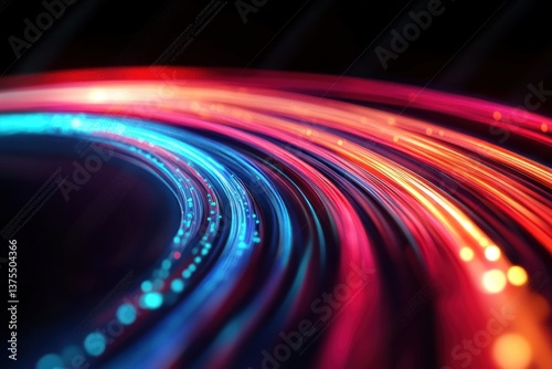 Abstract Fiber Optics Light Trails in Red and Blue Colors on Black Background