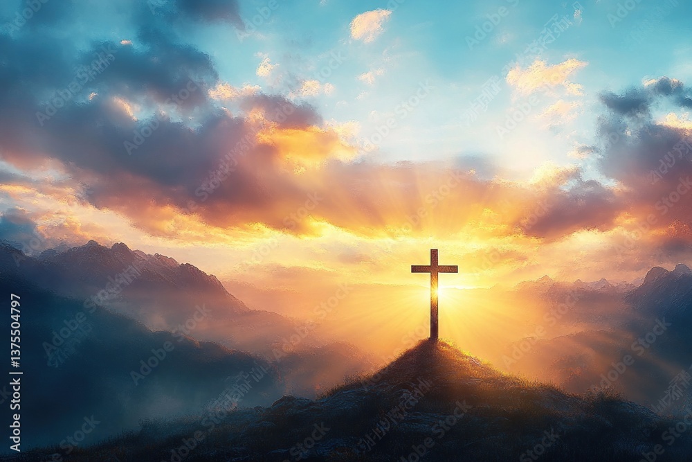 Sunrise Cross on Mountain Landscape with Soft Light and Warm Colors Sunrise Cross on Mountain Landscape with Soft Light and Warm Colors
