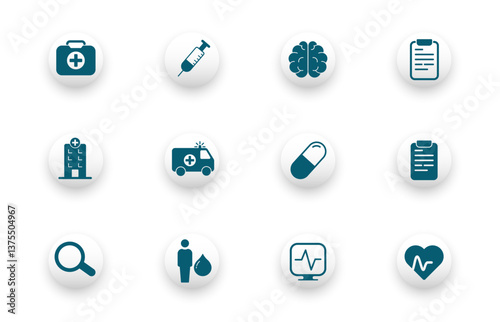 Solid vector icon set with hospital, syringe, pill, medical, health icons.