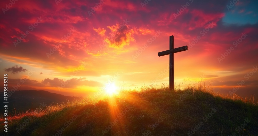 Cross on Hilltop at Sunset with Dramatic Skies and Spiritual Atmosphere Cross on Hilltop at Sunset with Dramatic Skies and Spiritual Atmosphere