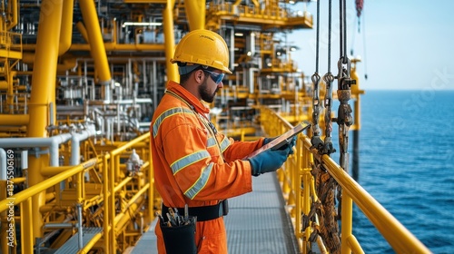 Obraz na płótnie Oil Rig Worker Using Tablet, Offshore Oil and Gas Industry w salonie