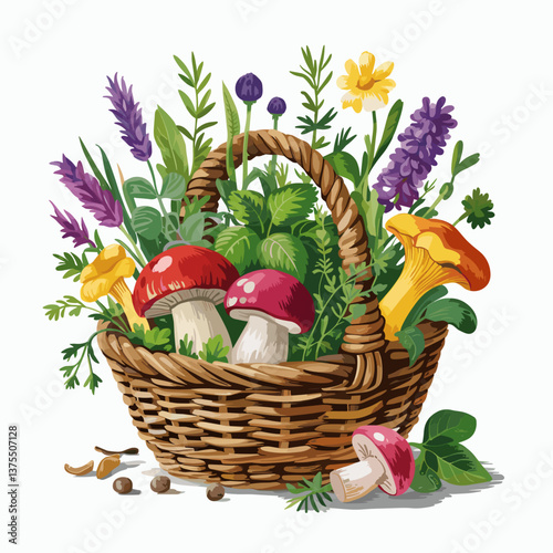 Foraging Basket with Wild Herbs and Mushrooms Print