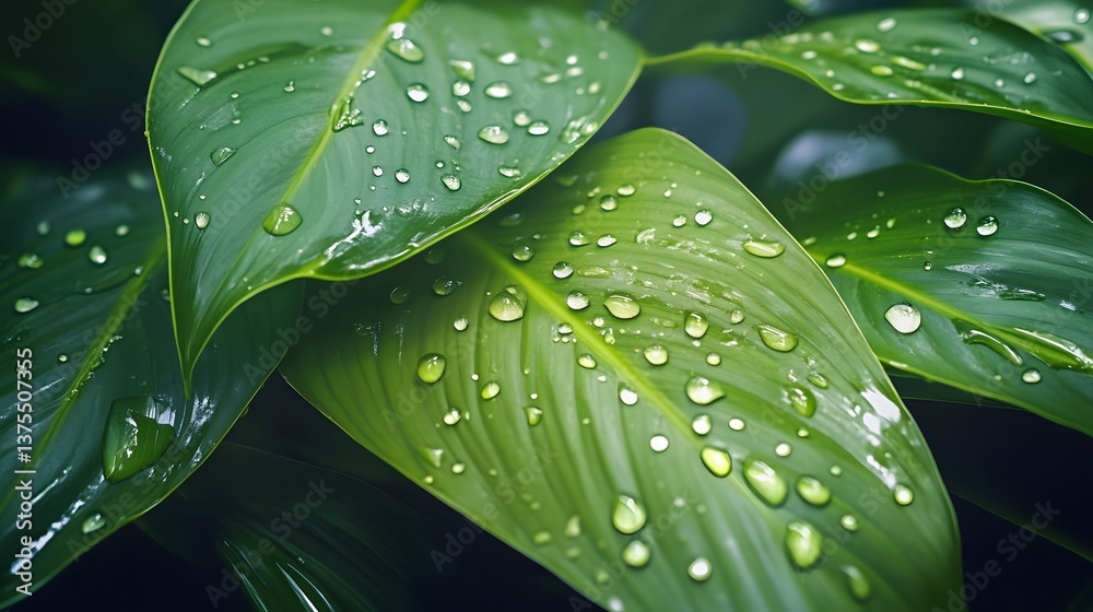 Obraz premium Close up view of verdant tropical leaves with delicate water droplets clinging to their surface reflecting the natural beauty and fragility of the plant world