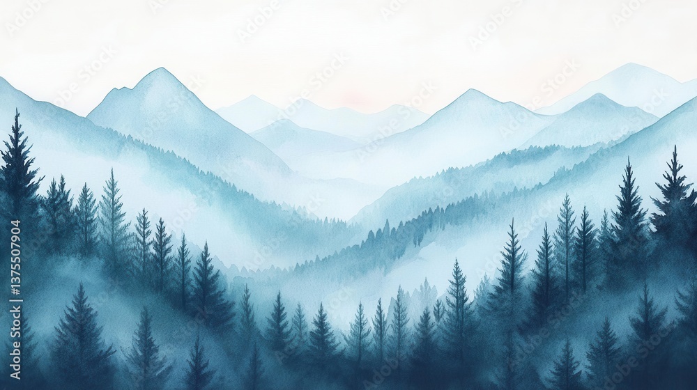 Obraz premium Watercolor of landscape forest misty mountains horizon and fog and hills,pine tree fir tree,Autumn forest background,drawn by hand,Autumn illustration design elements for landscape,wallpaper.
