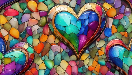 カラフルなモザイクアートテクスチャ – ステンドグラス風デザイン素材, 虹色に輝くメタリックモザイク – ファンタジーでユニークな背景