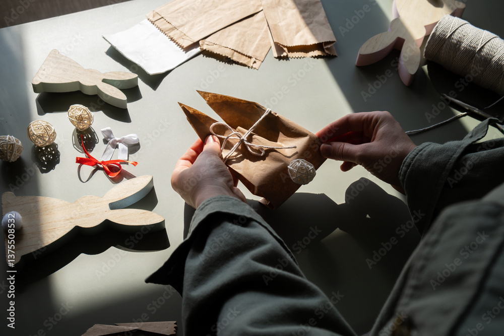 Fototapeta premium Step by step instruction of making handmade Easter gift bag rabbit bunny shaped sustainable materials decorations from craft paper. Female hands creating craft homemade present. Easter celebration