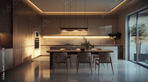 Dining Room with Modern Kitchen and Light Wood Accents Creating Warmth